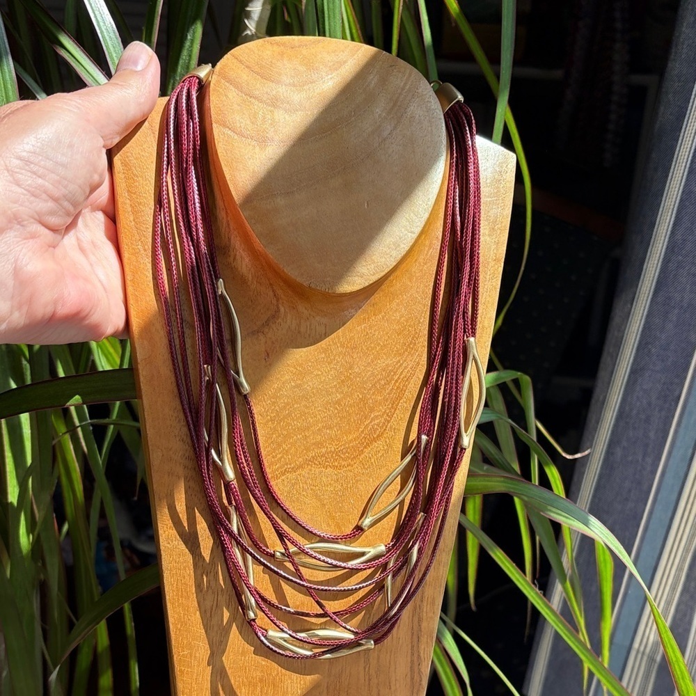 Chico's Burgundy Leather and Gold Accent Layered Necklace NWT